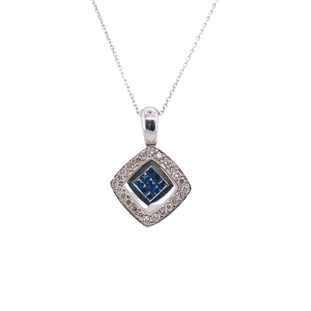 a square pendant with blue and white diamonds