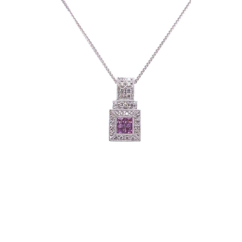 a necklace with a square shaped purple stone