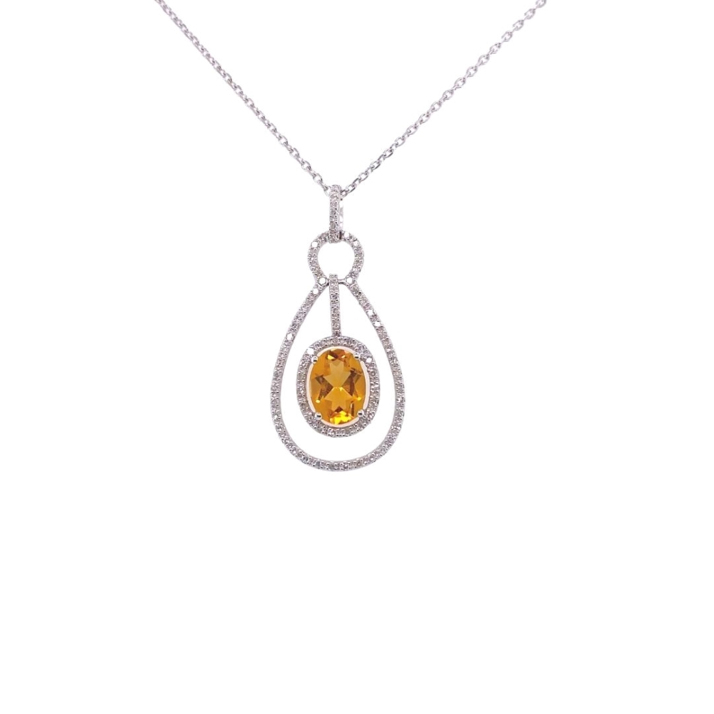 a necklace with an orange stone and white diamonds