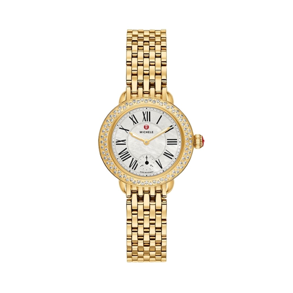 a gold watch with roman numerals and diamonds
