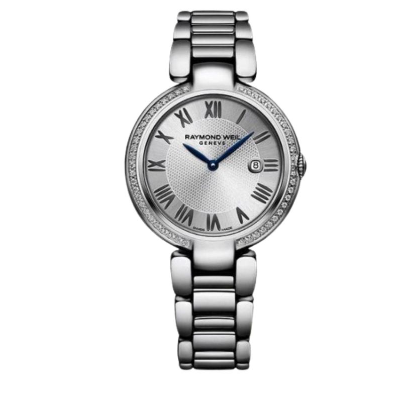 a women's watch with roman numerals and diamonds