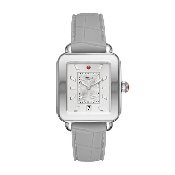 a women's square watch with grey leather straps