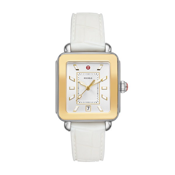 a white and gold square watch with a red second hand