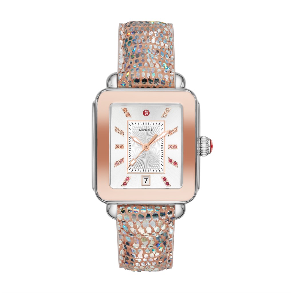 a white and pink watch with diamonds on it
