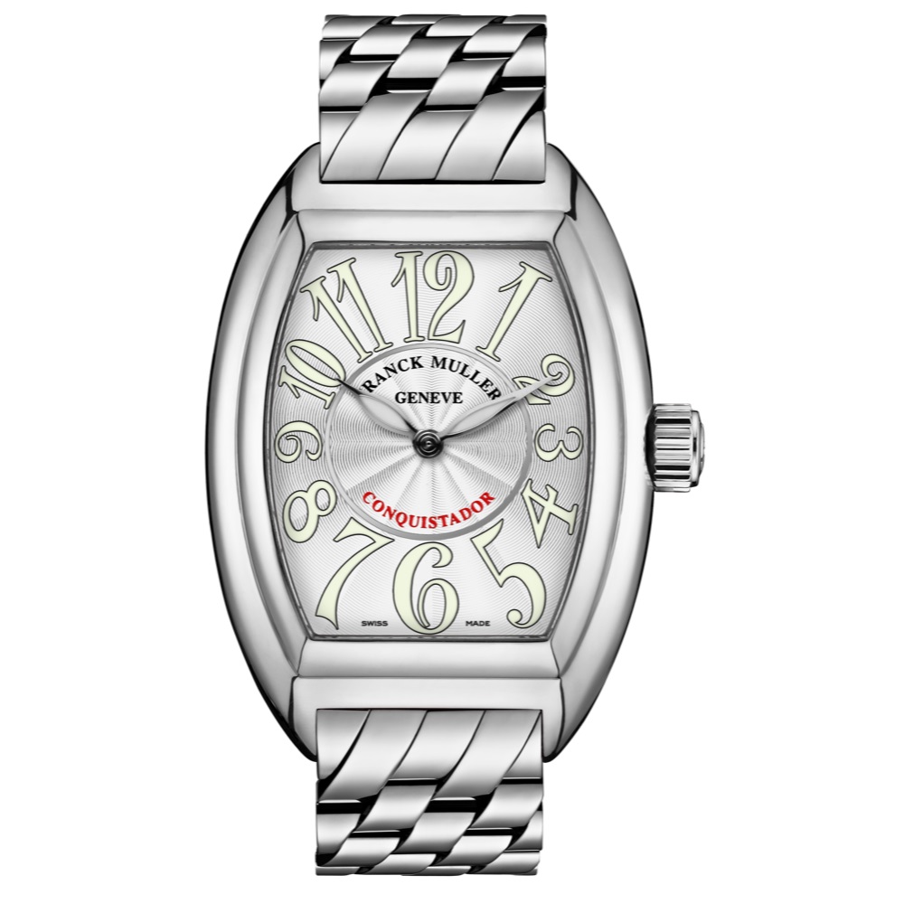 a silver watch with a white dial and two tone bracelet