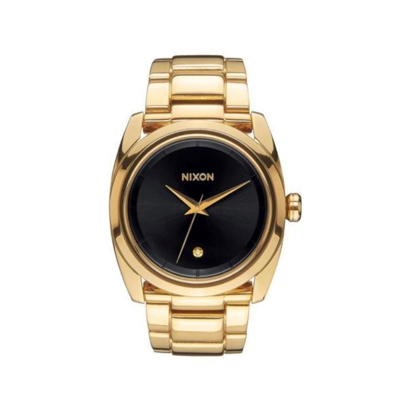 a gold watch with black dials on a white background
