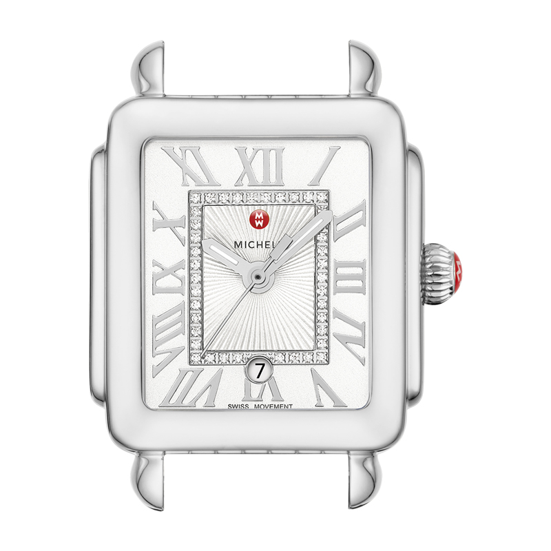 a white square watch with roman numerals