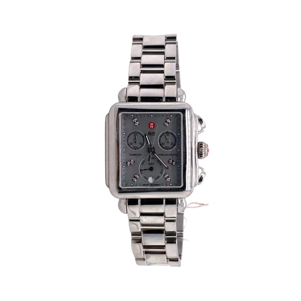a silver watch with a black face on a white background