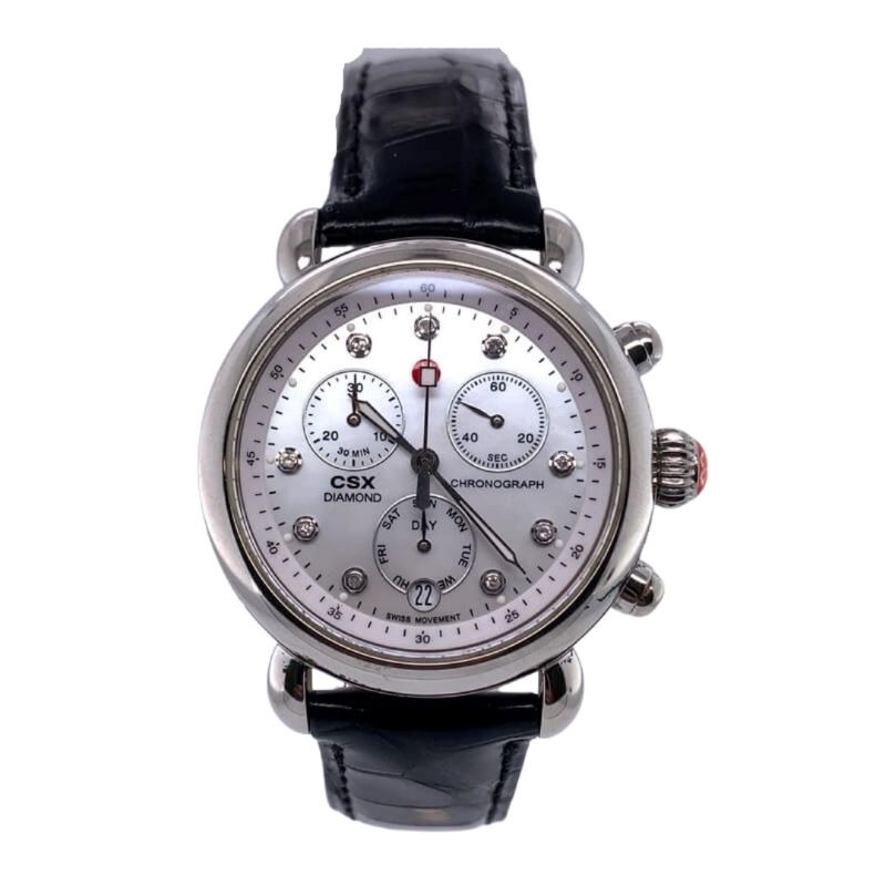 a watch with white dials and black leather straps