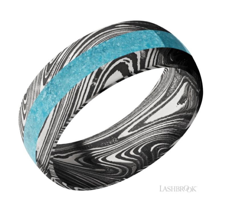a black and white ring with blue stripes