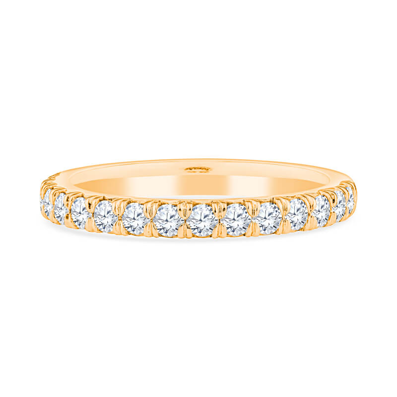 a yellow gold wedding band with rows of diamonds