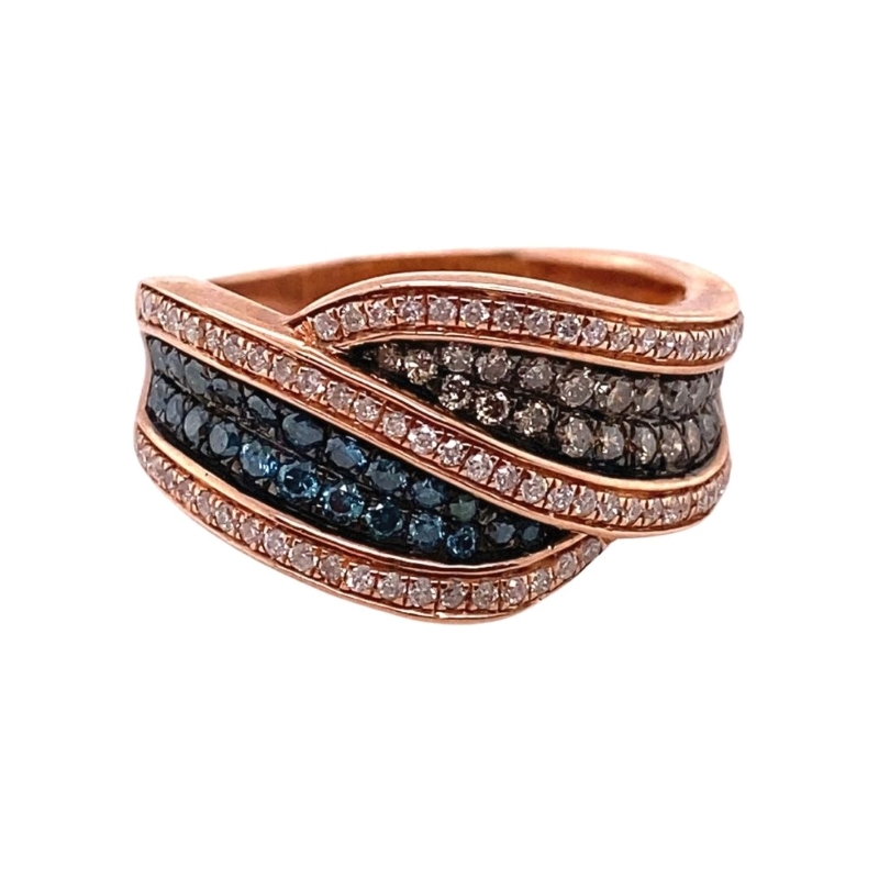 a ring with two different colored diamonds on it
