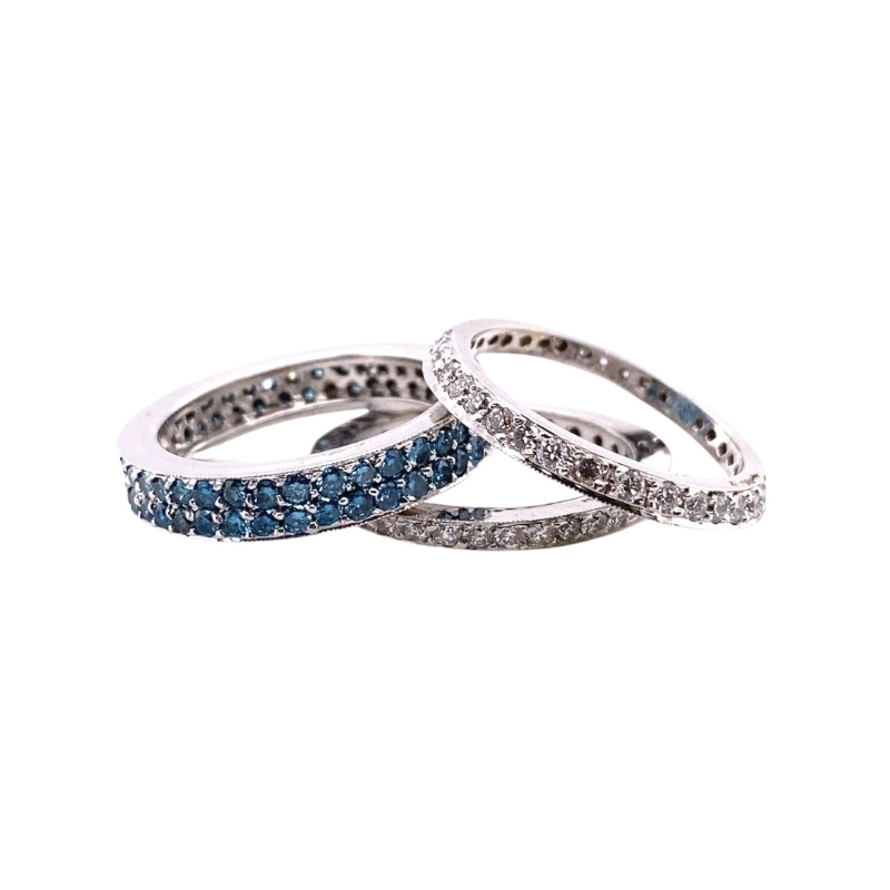 three rings with blue and white diamonds