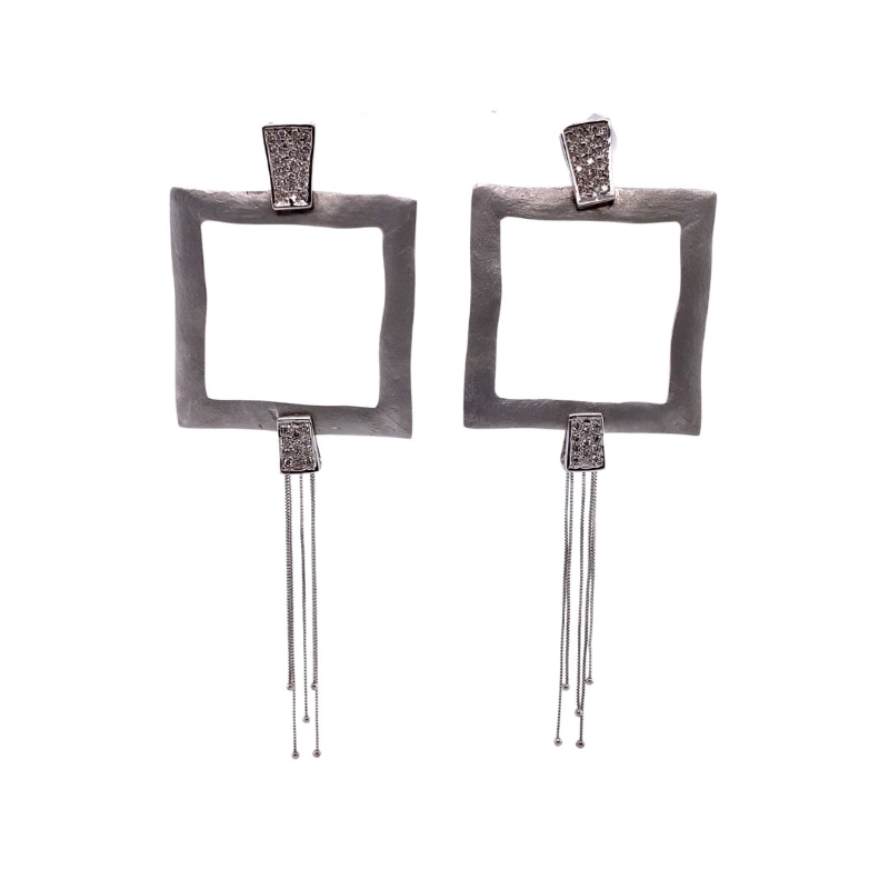 two square shaped silver earrings with metal posts