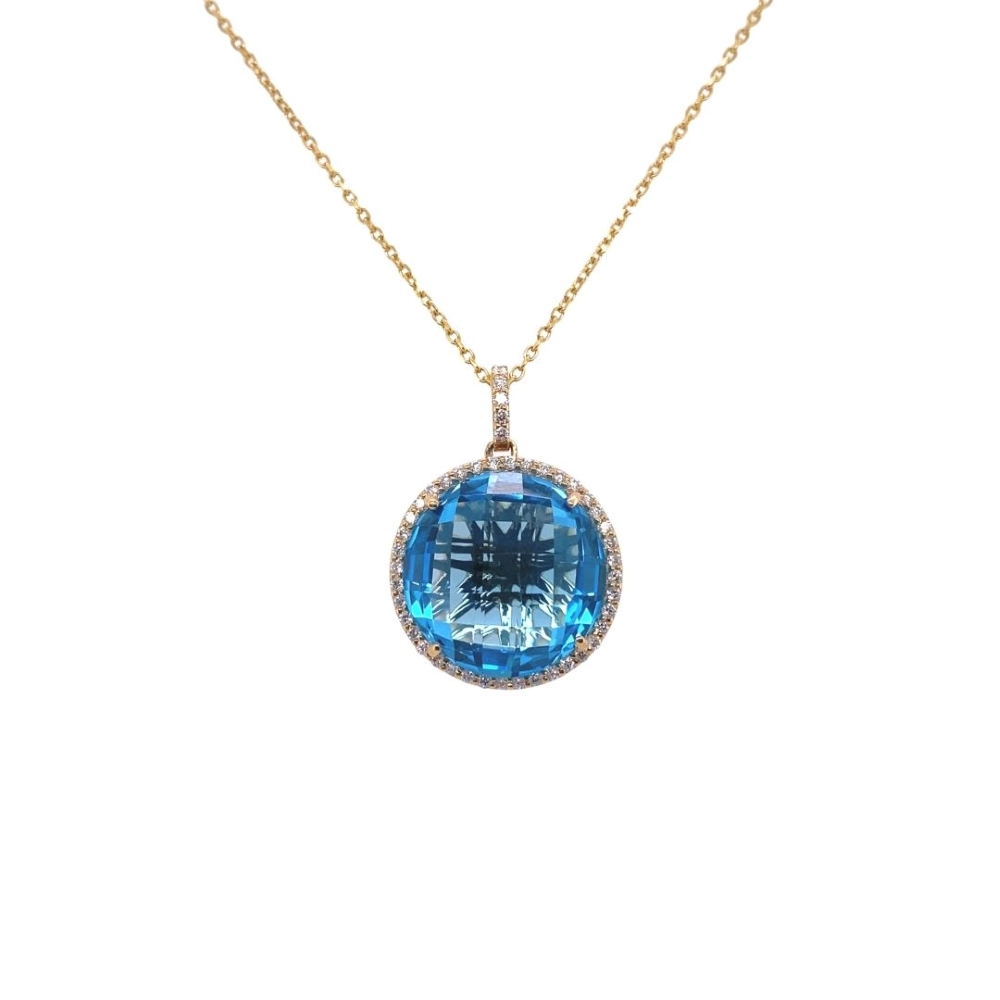 a necklace with a blue topazte surrounded by diamonds