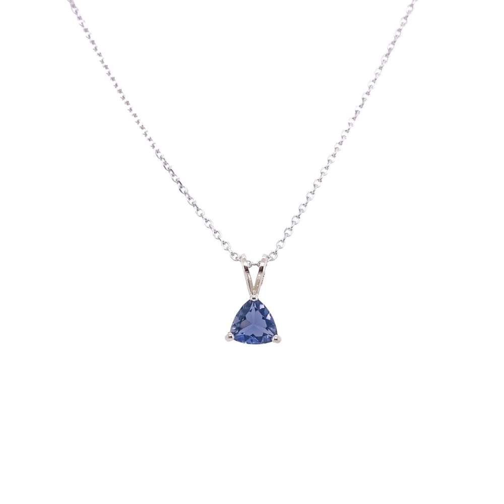 a tan and blue necklace with a triangle shaped pendant