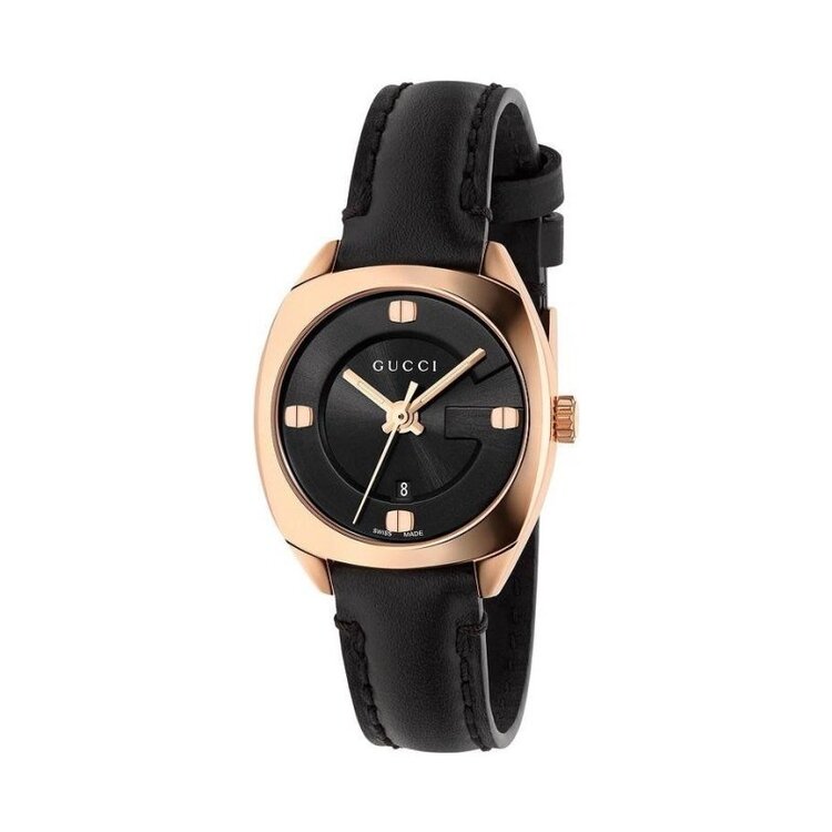 a women's black and gold watch on a white background