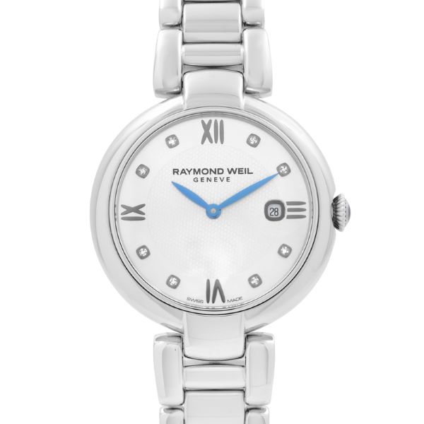 a women's watch with white dials and blue hands