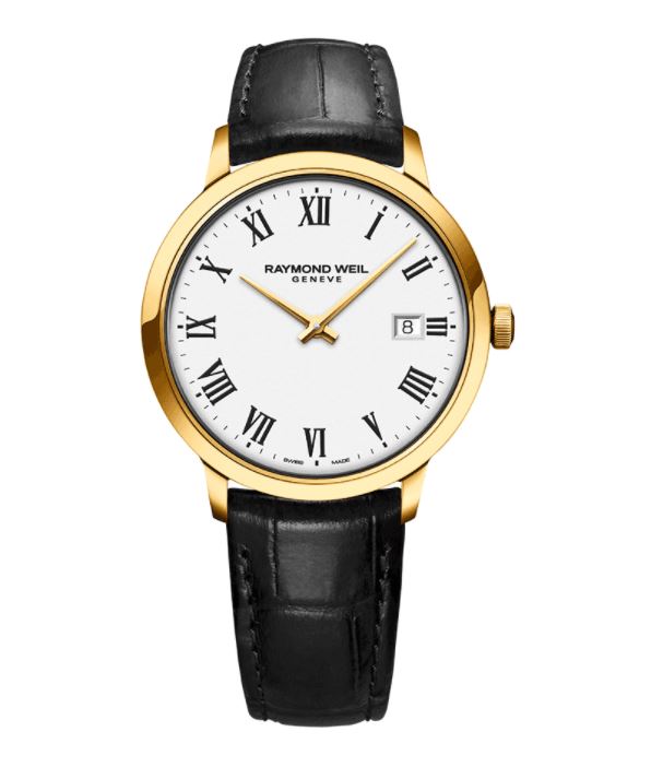 a gold and white watch with roman numerals