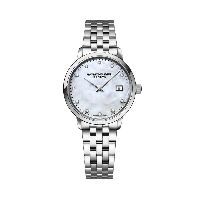 a women's watch with mother of pearl dial