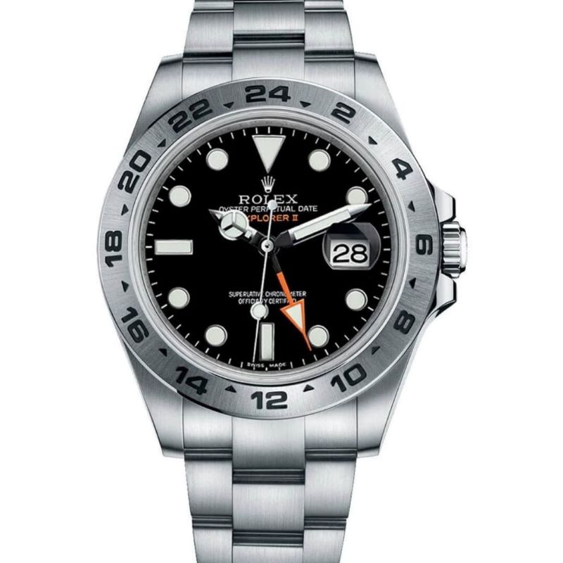 a rolex watch with black dials and orange hands