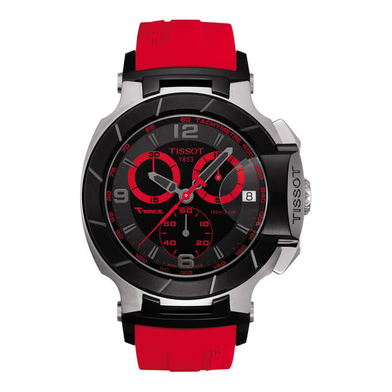 a red and black watch on a white background