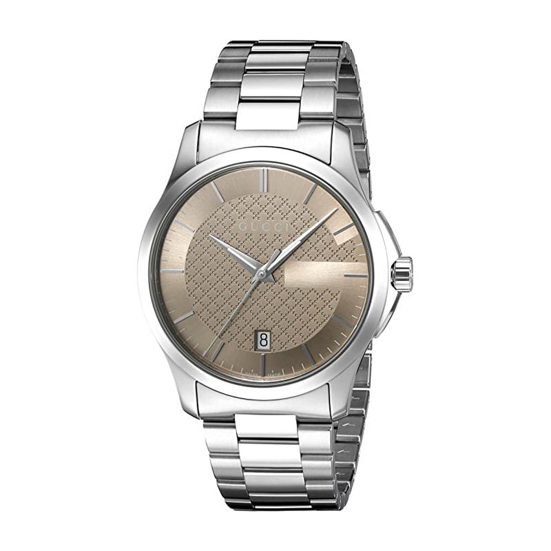 a silver watch with a brown dial