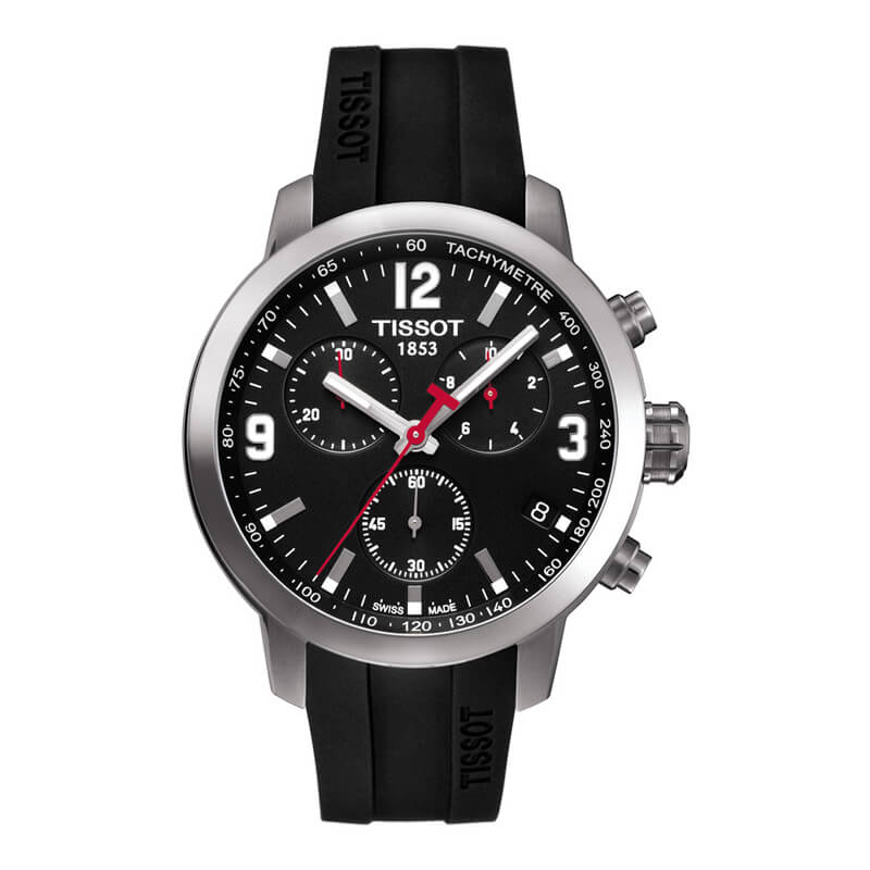a black and silver watch with red hands