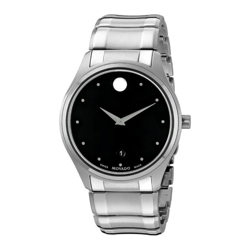 a black and white watch with a silver bracelet