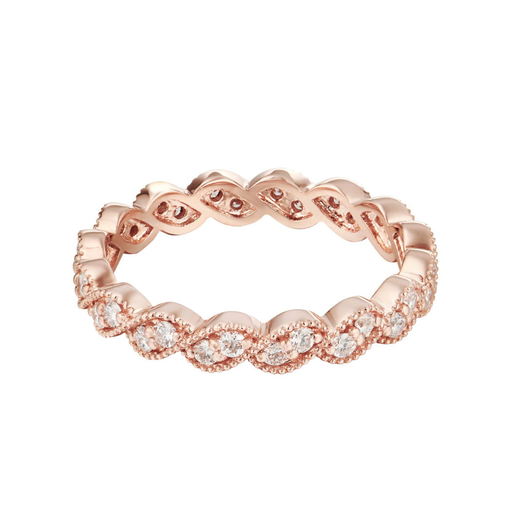 a rose gold ring with white diamonds