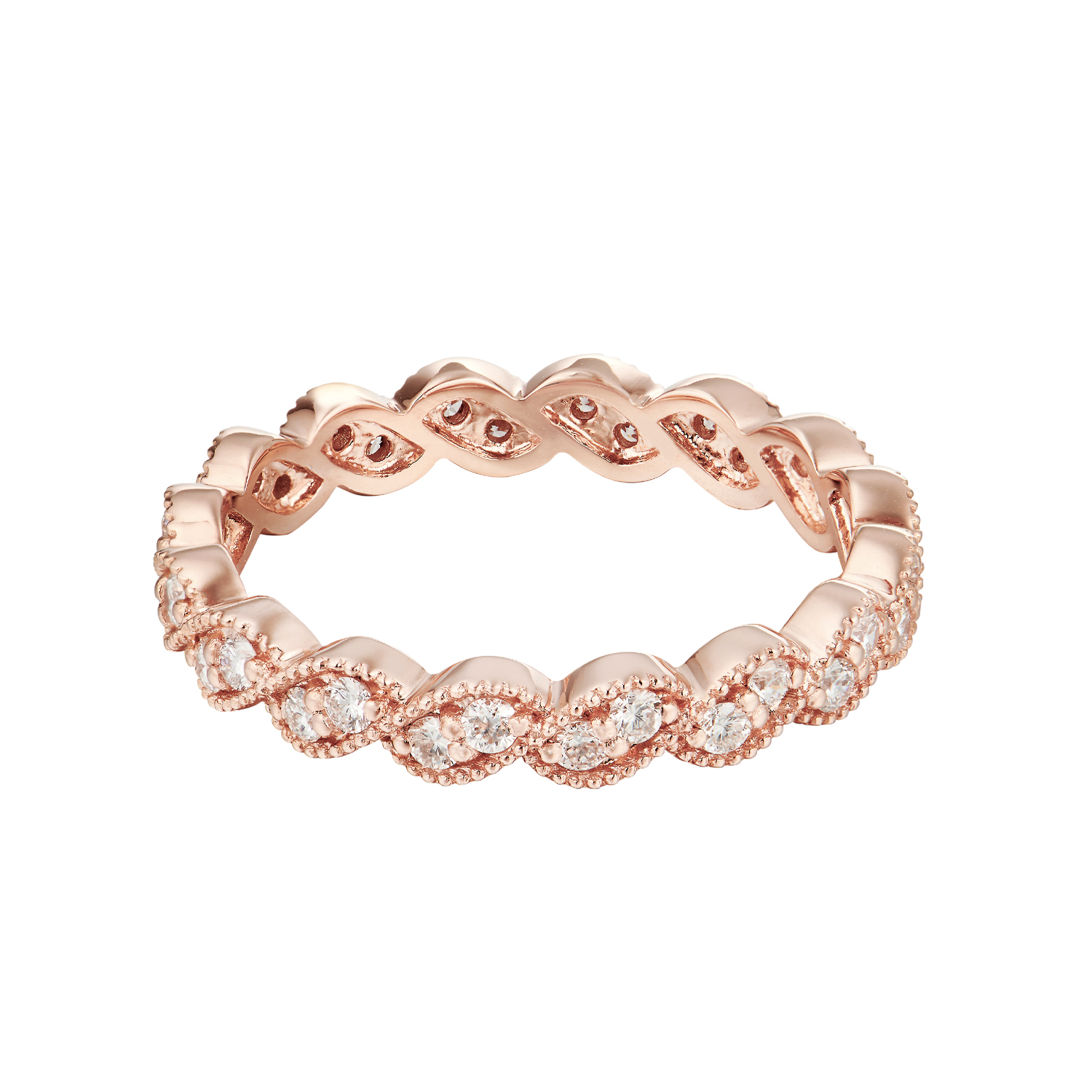 a rose gold ring with white diamonds