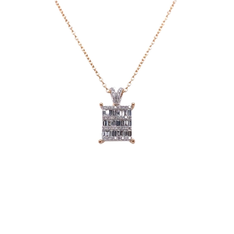 a necklace with a baguette cut diamond