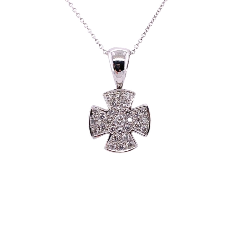 a white gold cross necklace with diamonds