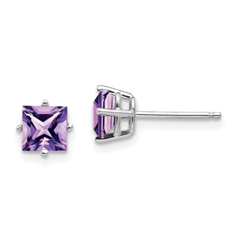 a pair of square cut purple cubic earrings