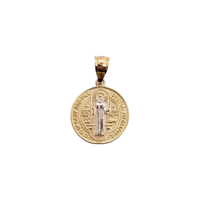 a gold pendant with an image of the virgin mary