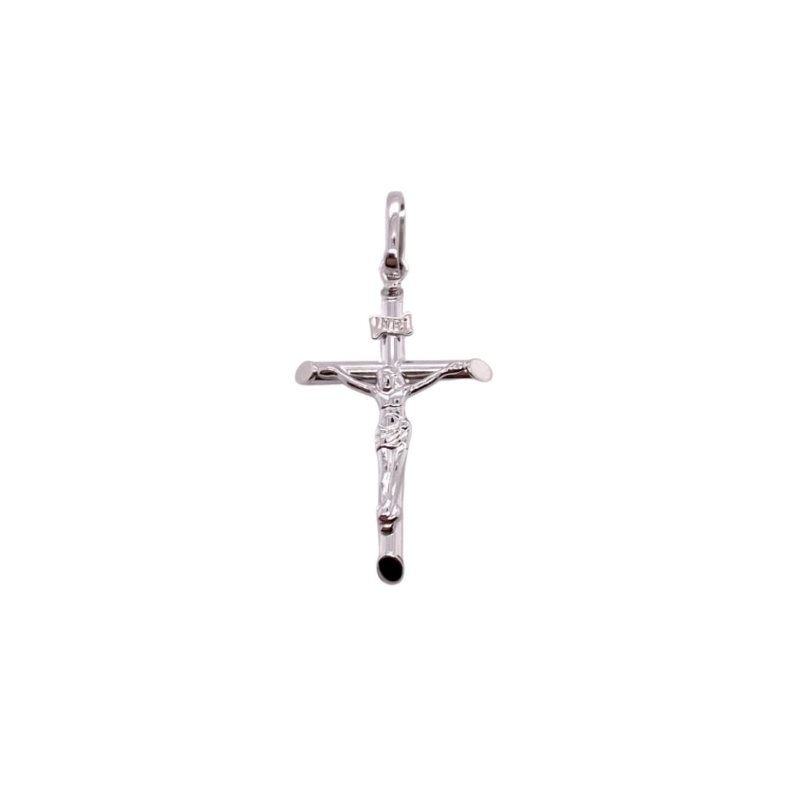 a silver cross with black stones on it