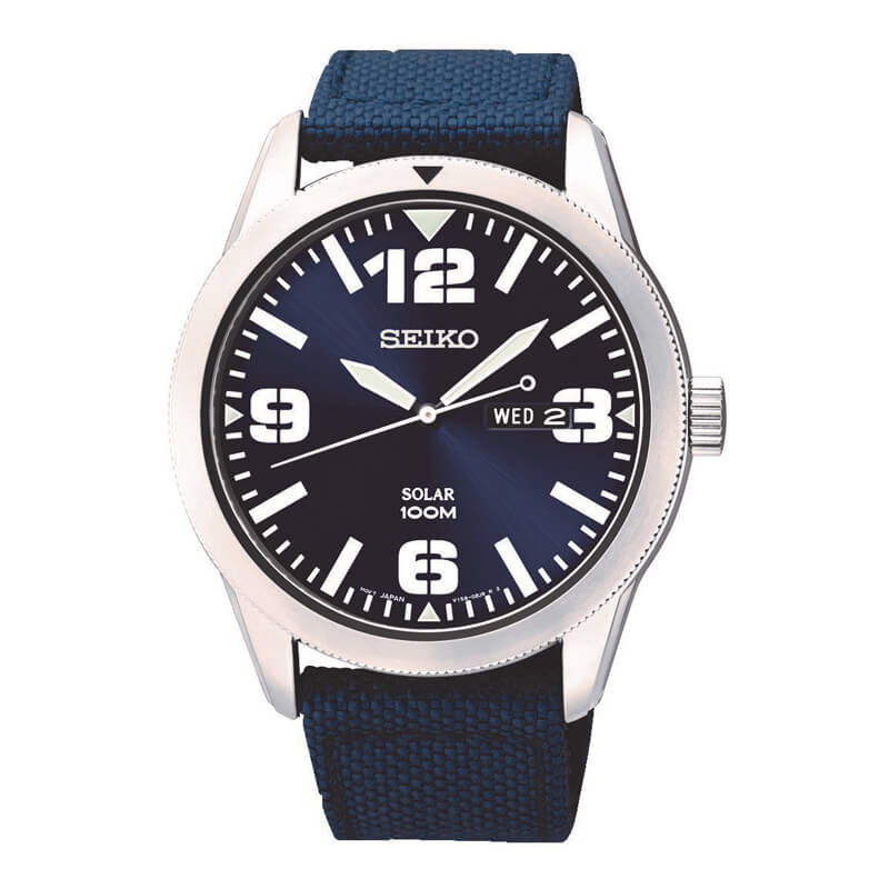 a blue watch with white numbers on it
