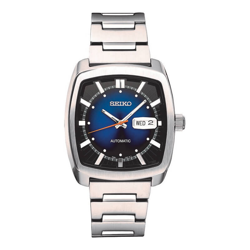 a silver watch with blue dial and black face