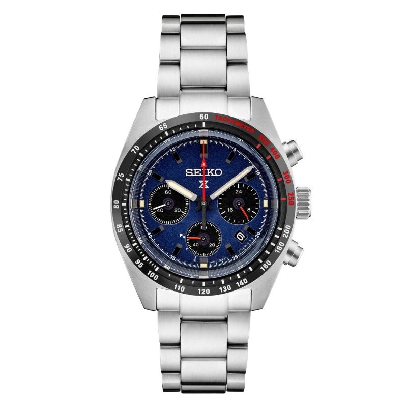 a watch with a blue face and red hands