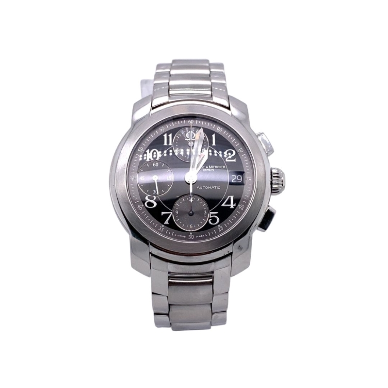 a silver watch with a black face on a white background