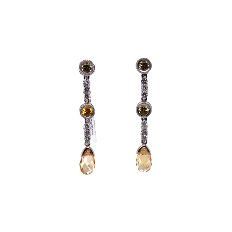 a pair of earrings with two different colored stones