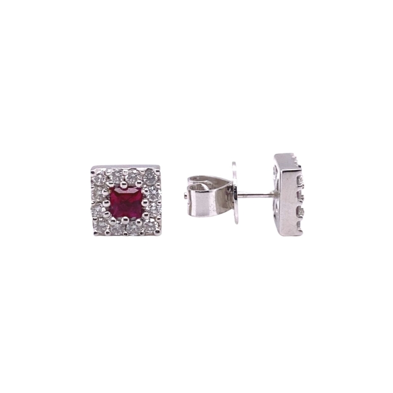 a pair of earrings with a square shaped ruby stone
