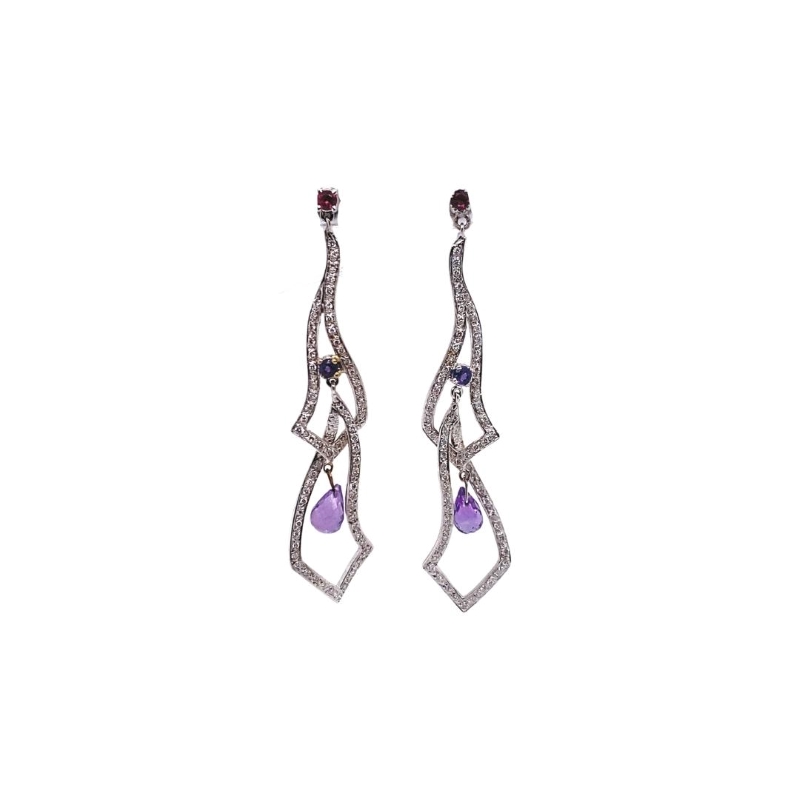 a pair of purple and white diamond earrings