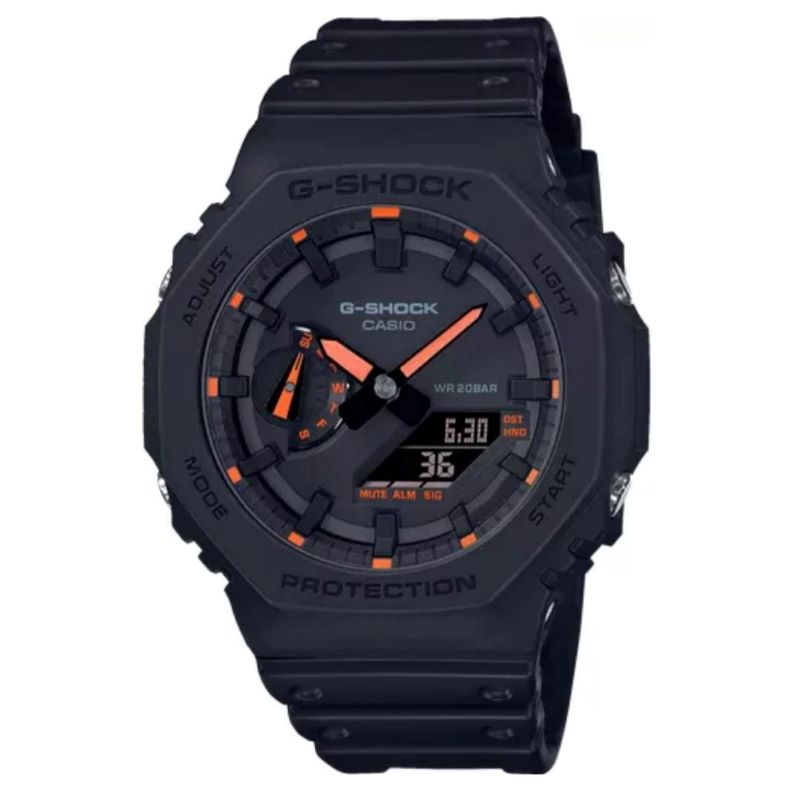 a black watch with orange accents