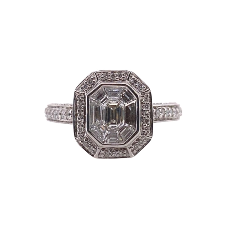 an antique style diamond ring set in 18k white gold