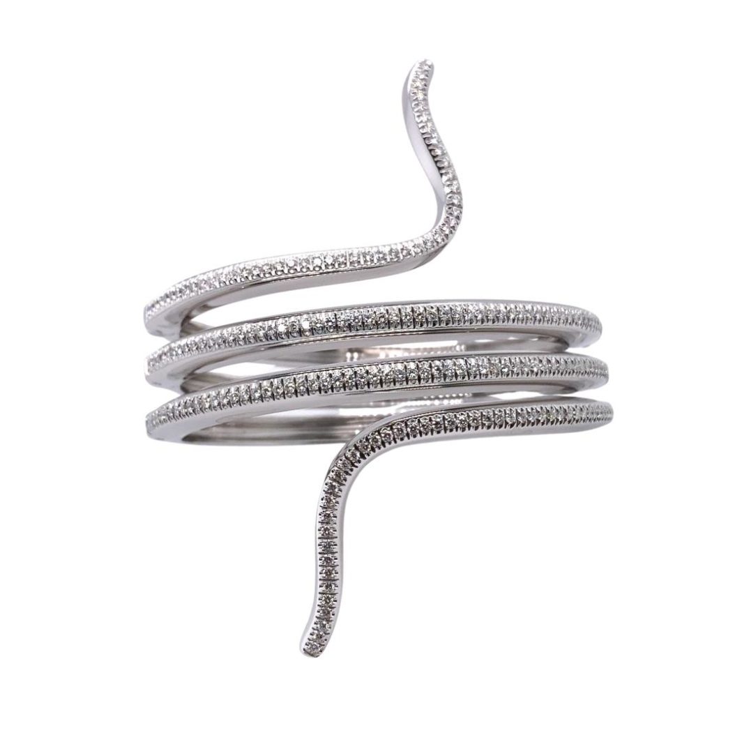 a white gold and diamond snake ring