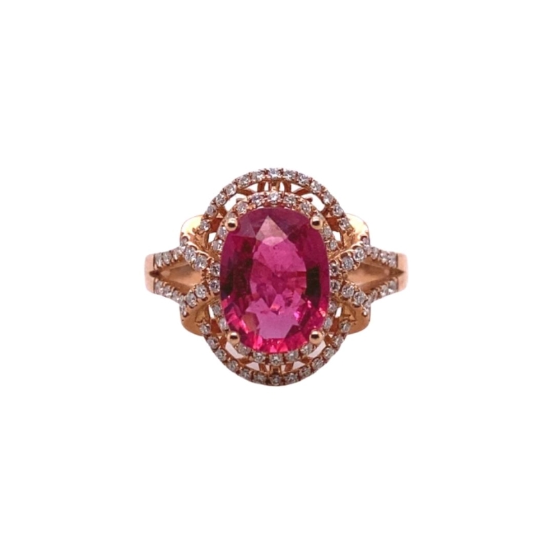 a pink and white ring with diamonds on it