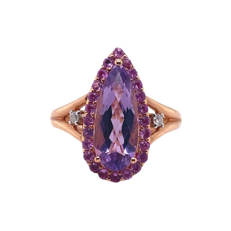 a pink and purple stone ring with diamonds