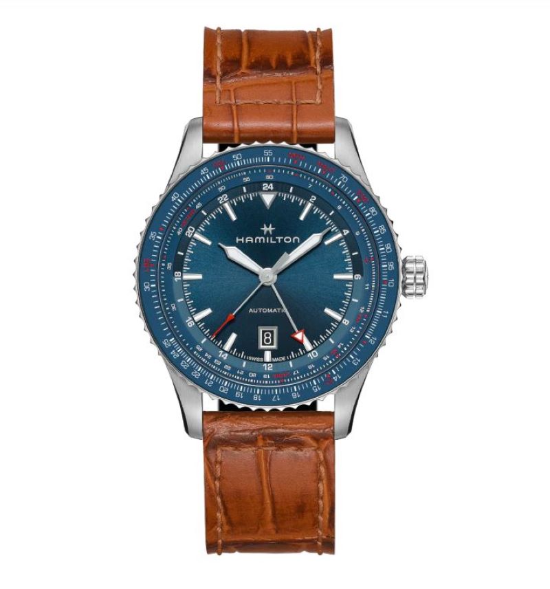a blue and brown watch on a white background