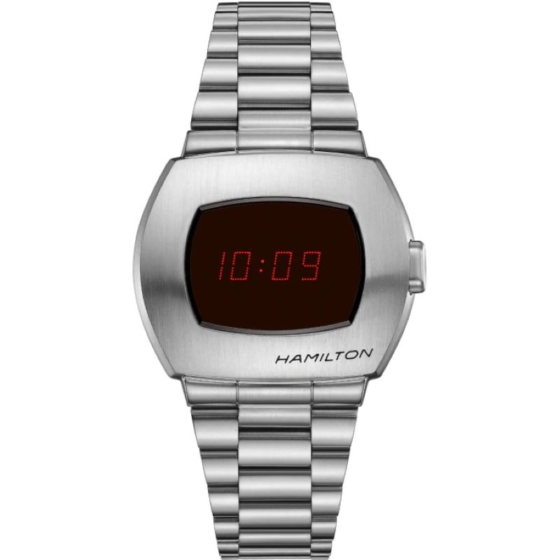 a silver watch with a red digital display